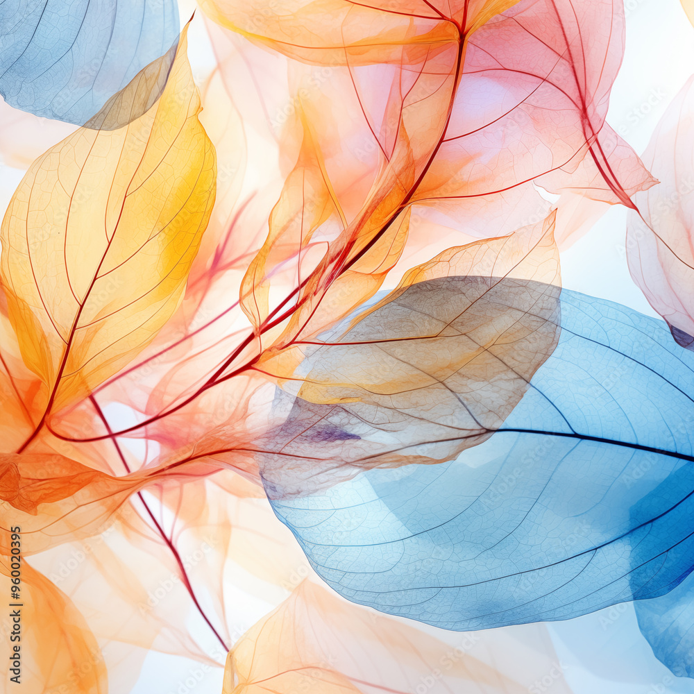 Fresh and young transparant spring summer leaves, colorful abstract background