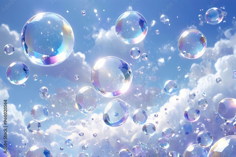 Crystal soap bubbles flying in the sky. Made with generative AI technology Crystal soap bubbles flying in the sky. Made with generative AI technology