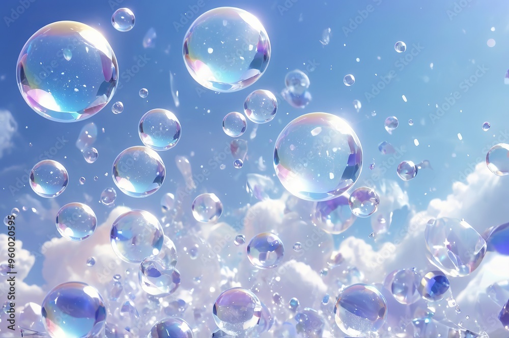 Crystal soap bubbles flying in the sky. Made with generative AI technology Crystal soap bubbles flying in the sky. Made with generative AI technology