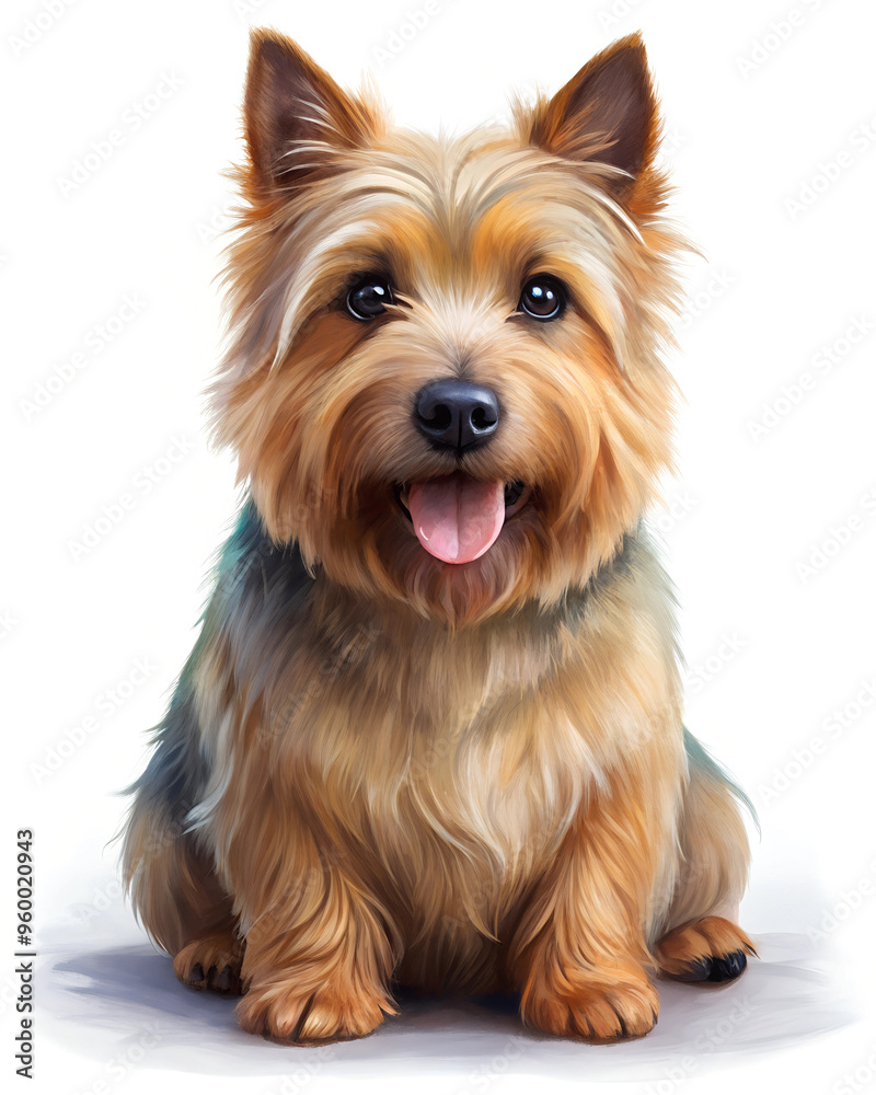 Illustration of Digital Painting of Norwich Terrier sitting, with smile, full body Illustration of Digital Painting of Norwich Terrier sitting, with smile, full body