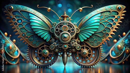 Intricate, gear-driven mechanical wings with iridescent blue and green hues unfold from a metallic core, evoking a futuristic, steampunk-inspired butterfly in mid-transformation. photo