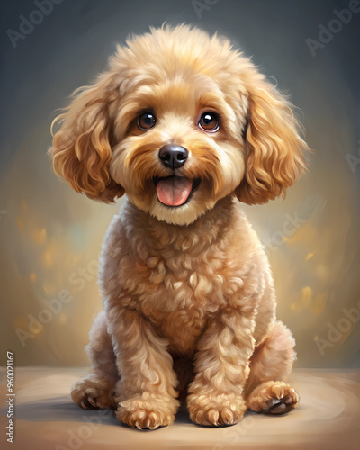 Illustration of Digital Painting of Toy Poodle sitting, with smile, full body