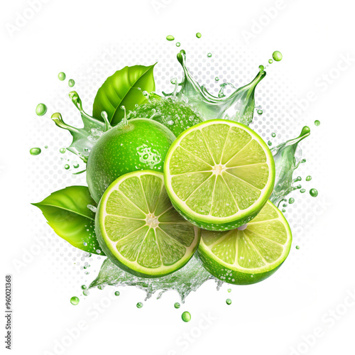 Lime transparent background limes with splash isolated on alpha layer