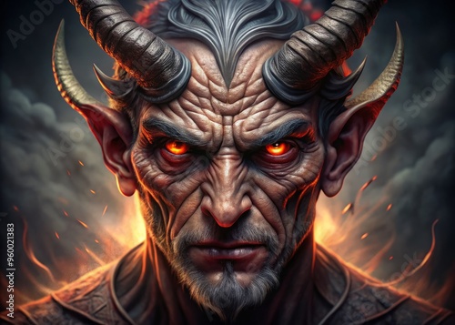 Demon face with horns and possessed eye stares out with pure malevolence for intense gaze photo