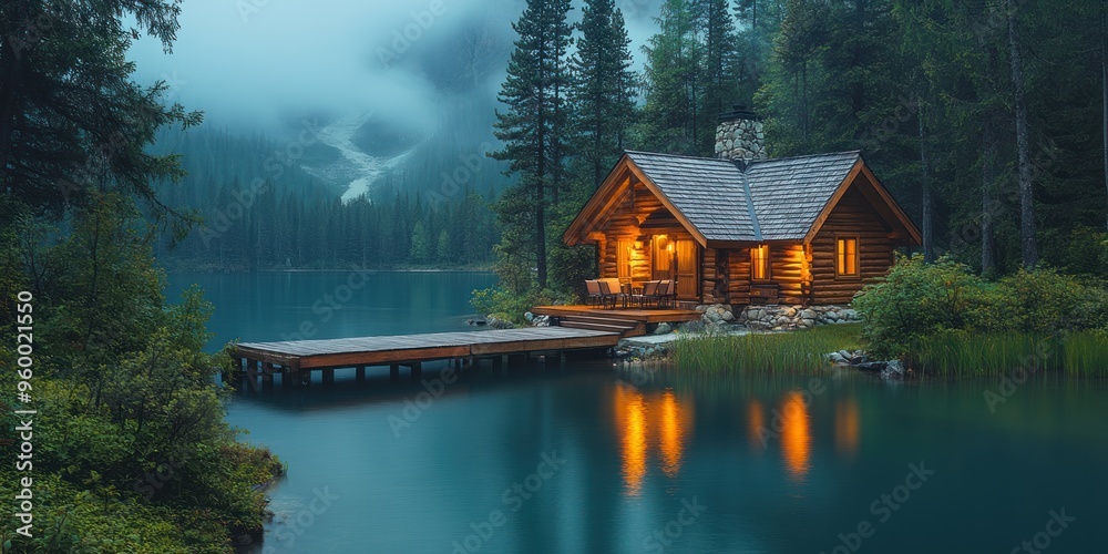 Fototapeta premium Illuminated Cabin by a Lake in a Misty Forest