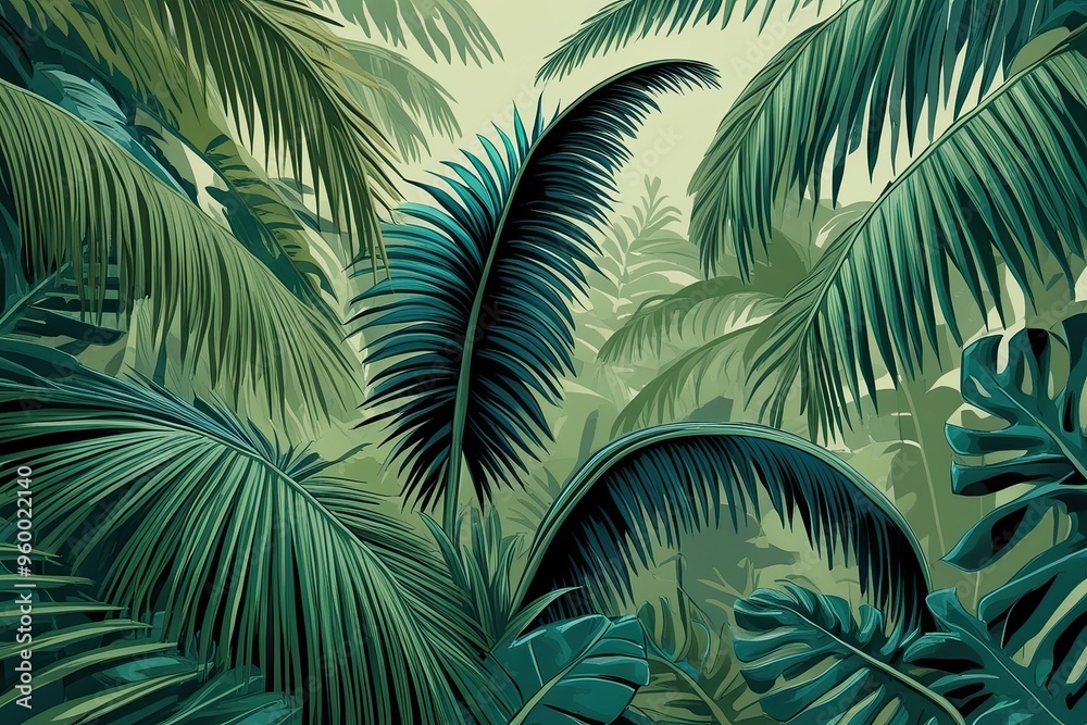 Tropical Rainforest Illustration of Swaying Fronds in a Calming Breeze Tropical Rainforest Illustration of Swaying Fronds in a Calming Breeze