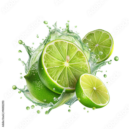 Lime transparent background limes with splash isolated on alpha layer