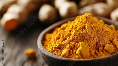 A bowl of turmeric powder spilling onto a table, showcasing the vibrant orange-yellow color and commonly used spice in cooking and traditional medicine around the world. photo