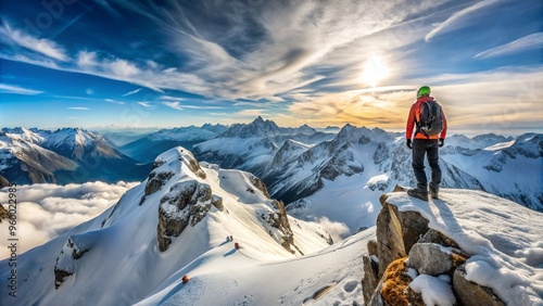 Panorama of Mountaineer standing on top of snowy mountain range 