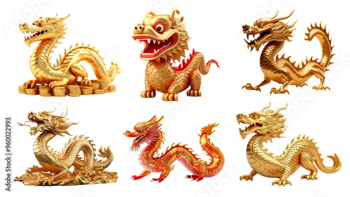 PNG Chinese golden dragon statue set, transparent background