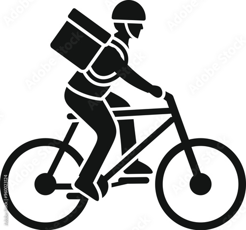 Delivery man riding bicycle wearing helmet with delivery bag silhouette
