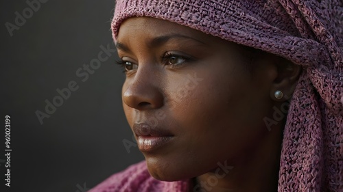 Portrait of cancer survivor in pink, health care and breast cancer awareness campaign in dark background