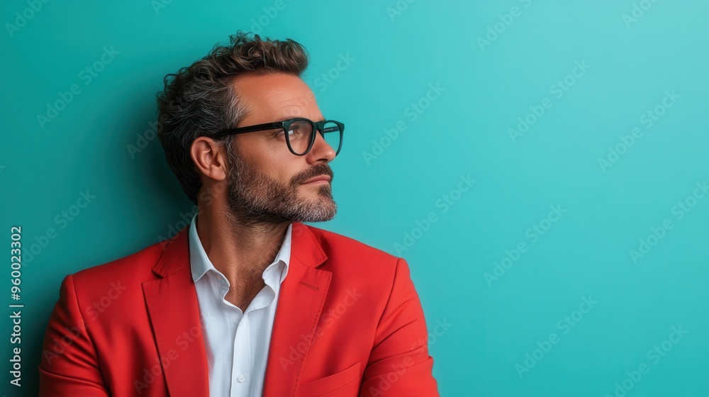A pensive man with a stylish beard and glasses, wearing a red blazer, gazing thoughtfully to the side against a turquoise background, capturing a reflective moment. A pensive man with a stylish beard and glasses, wearing a red blazer, gazing thoughtfully to the side against a turquoise background, capturing a reflective moment.