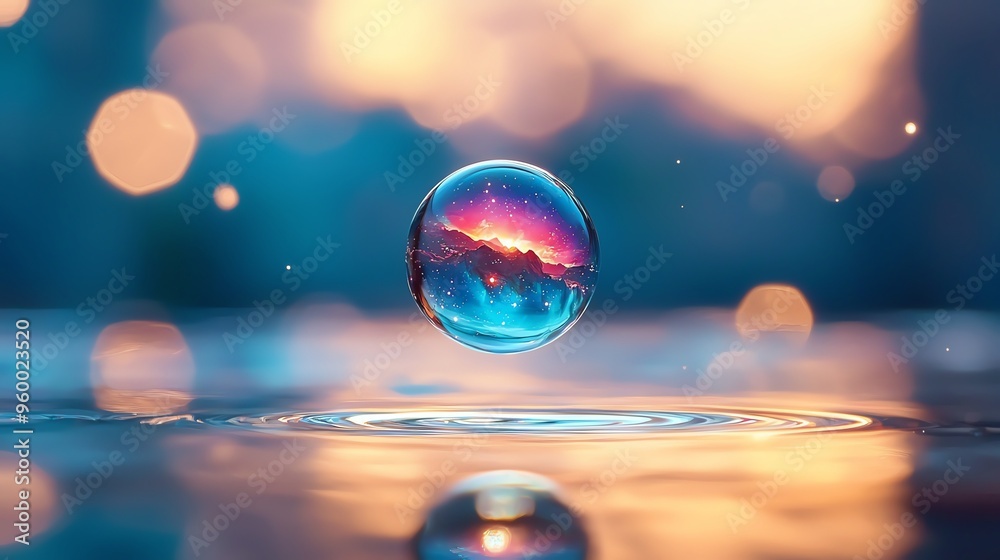 Mesmerizing shot of a floating water droplet reflecting a dreamy sunset with glowing bokeh, creating a magical and serene atmosphere. Mesmerizing shot of a floating water droplet reflecting a dreamy sunset with glowing bokeh, creating a magical and serene atmosphere.