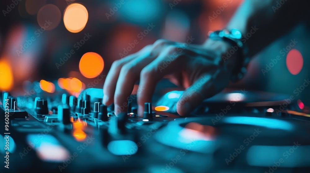 This image features a close-up of a DJ's hands adjusting the controls on a vibrantly lit mixing board. The energetic atmosphere is emphasized by the colorful lights and the focus on the DJ's interact This image features a close-up of a DJ's hands adjusting the controls on a vibrantly lit mixing board. The energetic atmosphere is emphasized by the colorful lights and the focus on the DJ's interact