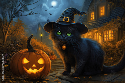 Black cat with witch hat. Halloween concept. photo