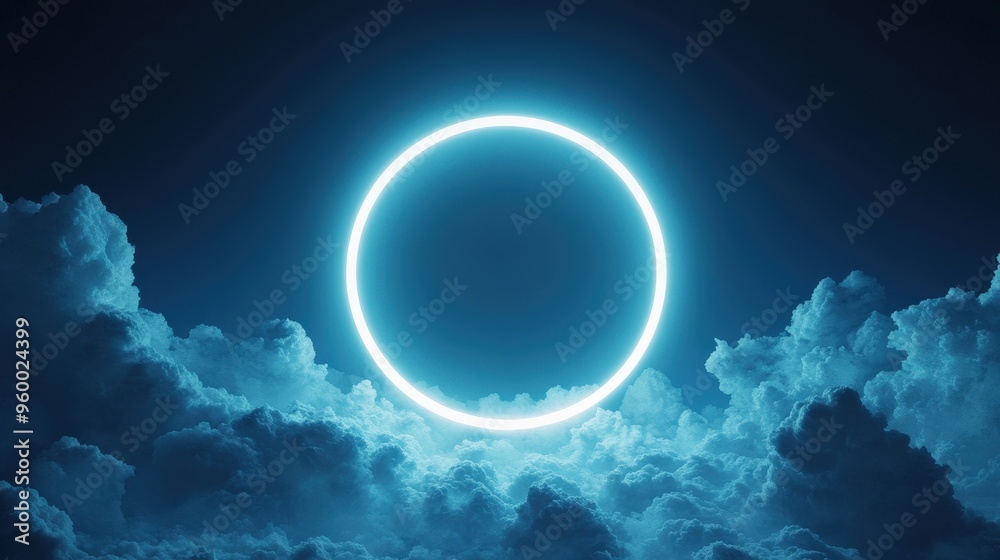 Neon Ring in Stormy Clouds Futuristic Night Sky Neon Ring in Stormy Clouds Futuristic Night Sky