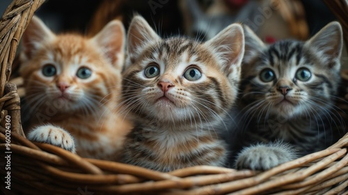Three kittens are in a wicker basket, looking at the camera