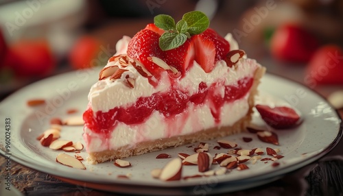 Strawberry cream pie sweet cream fruity pastry snack food for teatime on plate