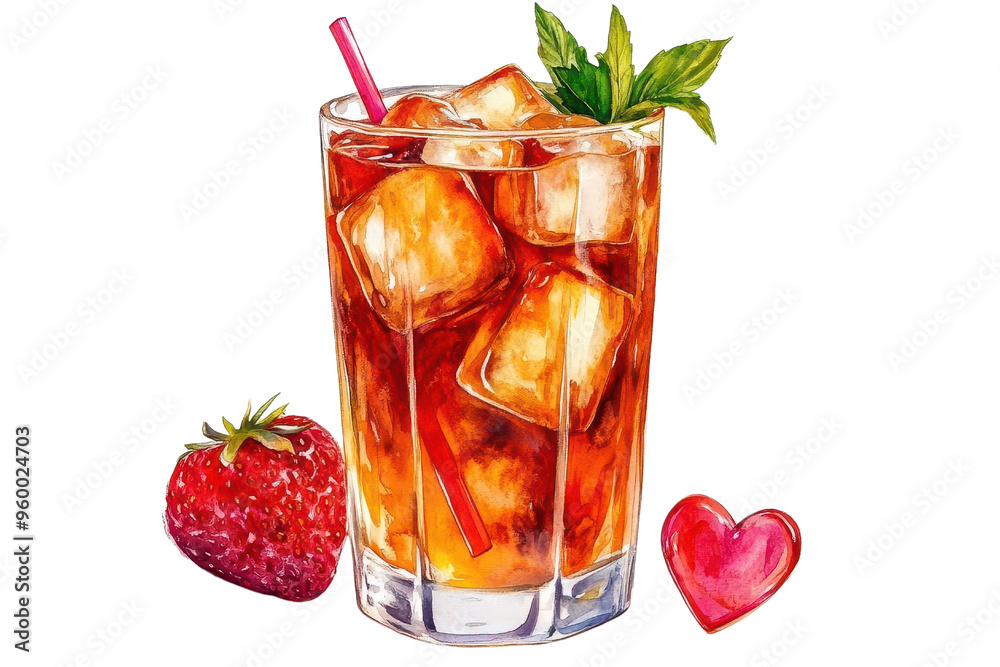 Refreshing iced tea with ice cubes, garnished with mint, next to a fresh strawberry and heart illustration. Refreshing iced tea with ice cubes, garnished with mint, next to a fresh strawberry and heart illustration.