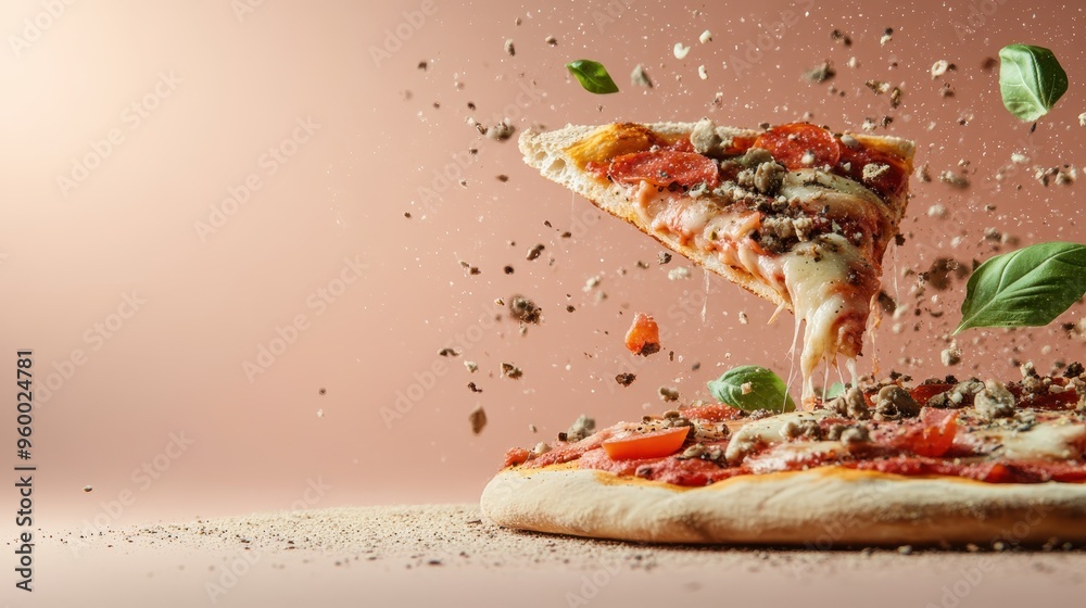 Pizza slice with pepperoni, tomatoes, basil, and crumbled toppings in mid-air, presenting a visually appealing moment of flying ingredients, highlighting dynamic action and appetizing flavors. Pizza slice with pepperoni, tomatoes, basil, and crumbled toppings in mid-air, presenting a visually appealing moment of flying ingredients, highlighting dynamic action and appetizing flavors.