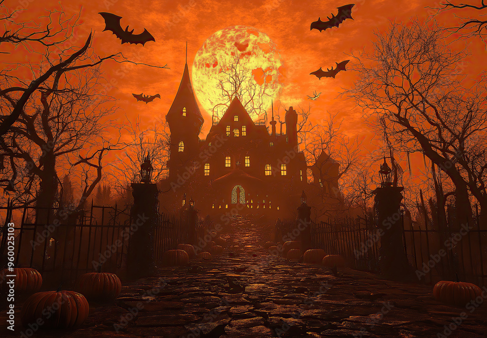 Moonlit Terror: Haunted House with Bats Under a Full Moon Night Moonlit Terror: Haunted House with Bats Under a Full Moon Night
