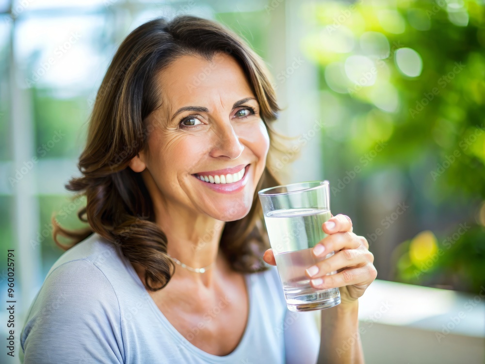 As she sips her cool glass of water, a radiant smile spreads across her face, fueled by her As she sips her cool glass of water, a radiant smile spreads across her face, fueled by her