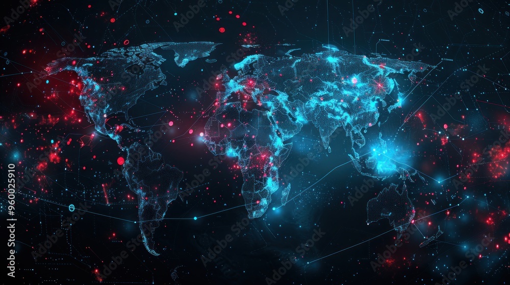 A computer generated image of the world with red and blue colors A computer generated image of the world with red and blue colors