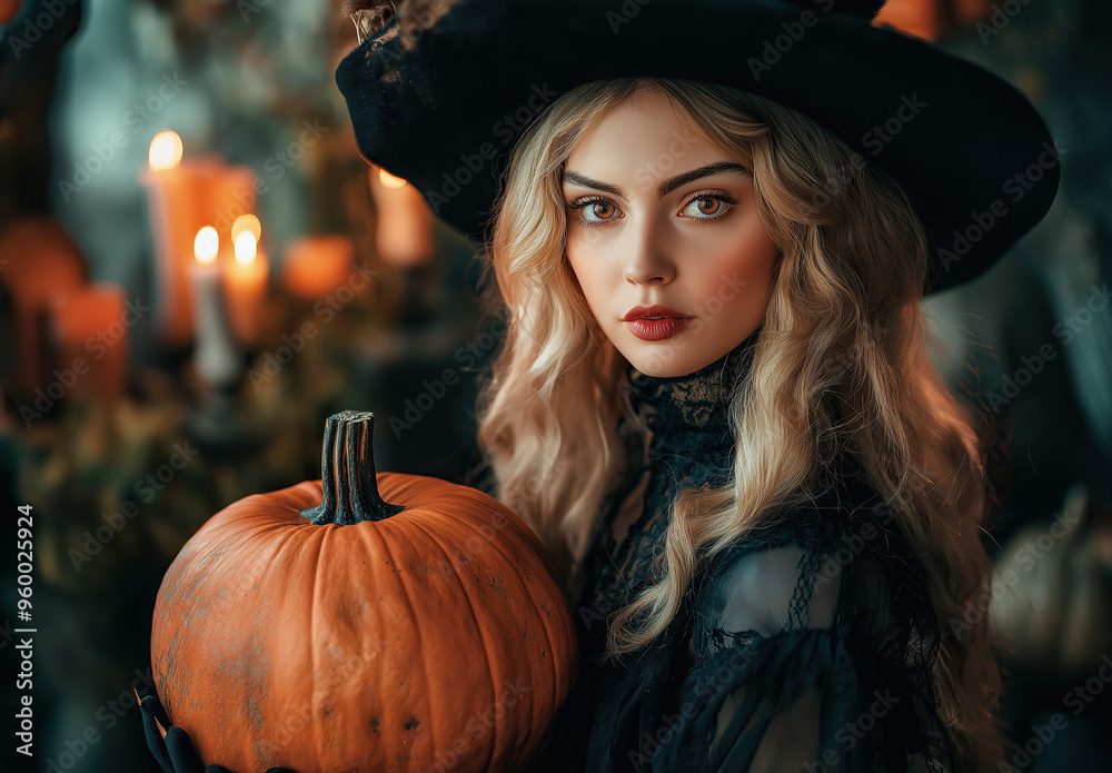 Beautiful woman dressed like a witch holding a pumpkin. Beautiful woman dressed like a witch holding a pumpkin.