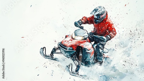 Snowmobiler in red jacket riding through snowy landscape, splashing snow, winter adventure, speed and action in winter sports. photo