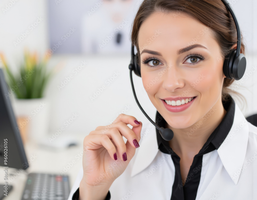 Charming young girl with headset, employee of a call center or customer support service. Charming young girl with headset, employee of a call center or customer support service.