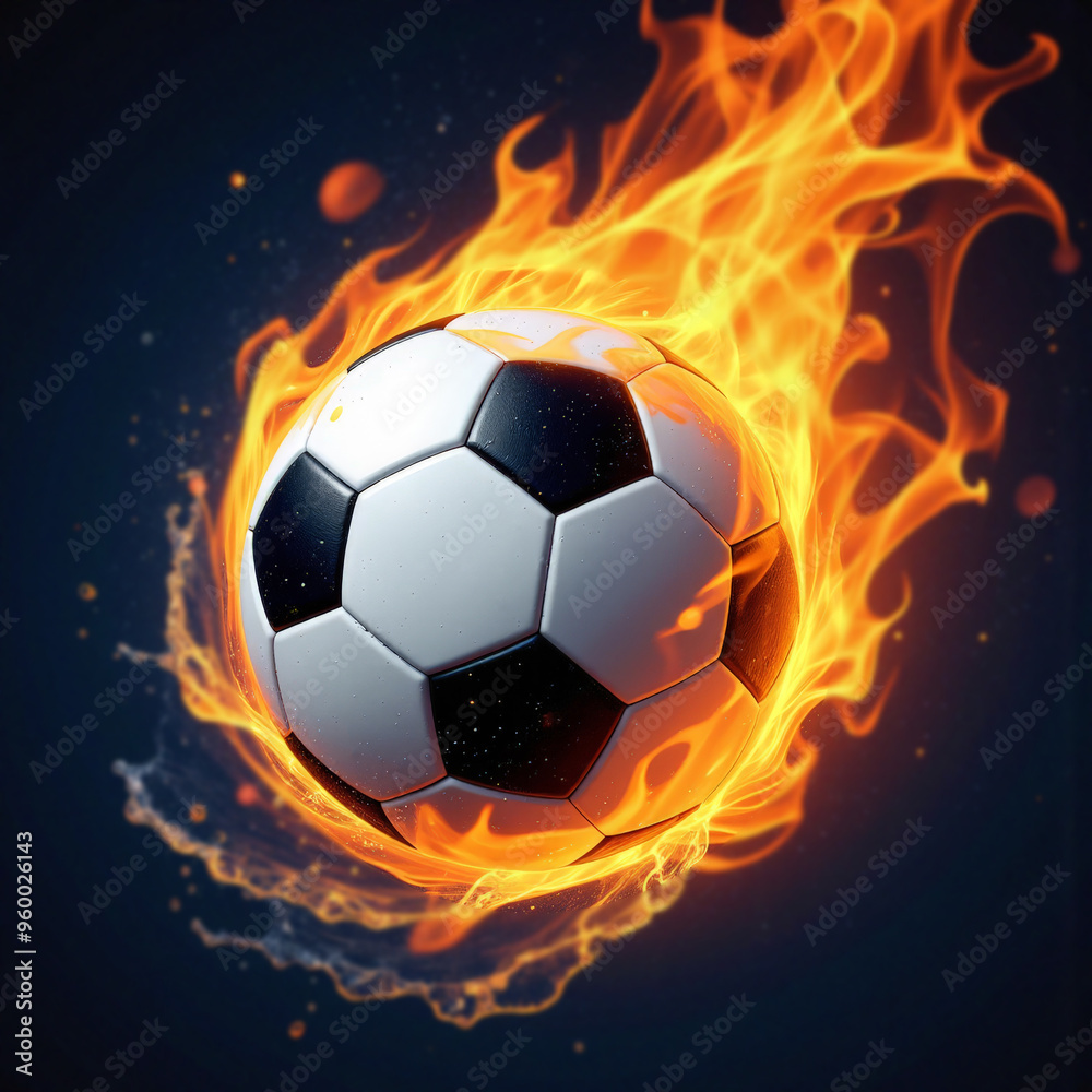 Naklejka premium Soccer ball in fire, smoke and water on a dark background, illustration of sports energy.