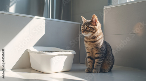 A freshly cleaned cat litter box in the corner of the bathroom. photo