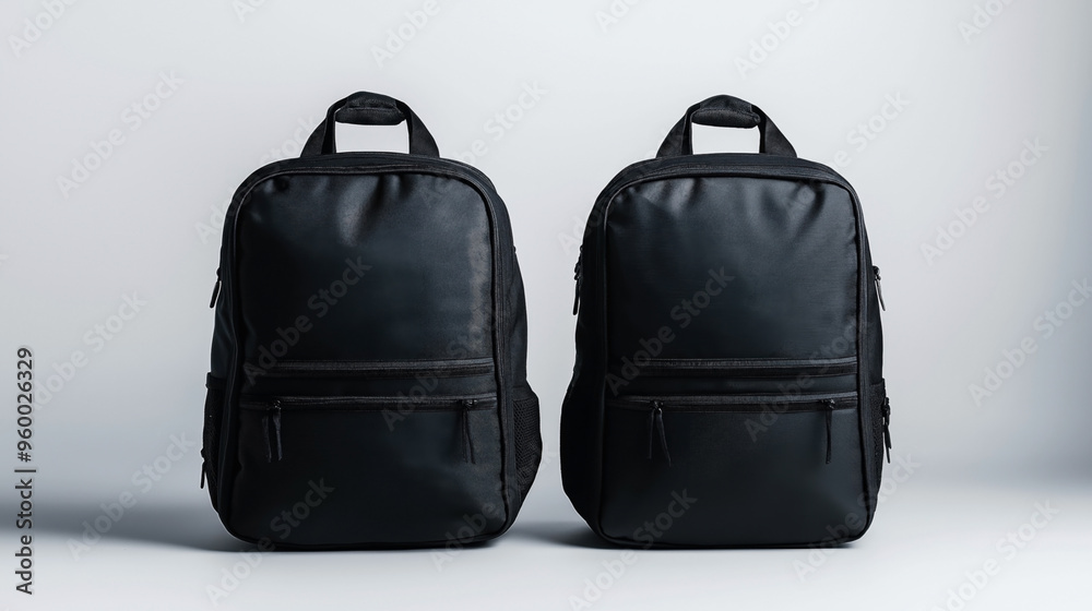 Naklejka premium Image of two identical black backpacks placed side by side against a plain background. Each backpack features multiple zippered compartments and a sturdy handle at the top.