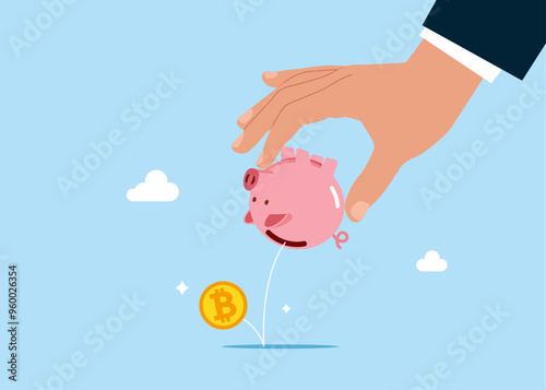 Arm Shaking Empty Piggy Bank with No bitcoin inside. Bankruptcy, Investment Decrease, Budget Deficit. Flat vector illustration.