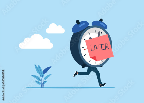 Funny running clock instead of body. Delaying work. Alarm clock with notes written the word later. 24-7 support service, working hours. Flat vector illustration.