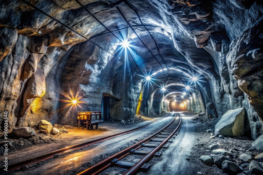 Naklejka premium graphite mine's underground tunnels, with the rocky walls and ceilings lit by flickering fluorescent lights