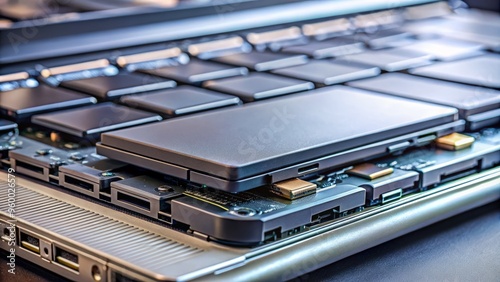 A close-up shot of a laptop's lithium-polymer battery, capturing the intricate texture and patterns on its surface, with a shallow depth of field to blur the surrounding components photo