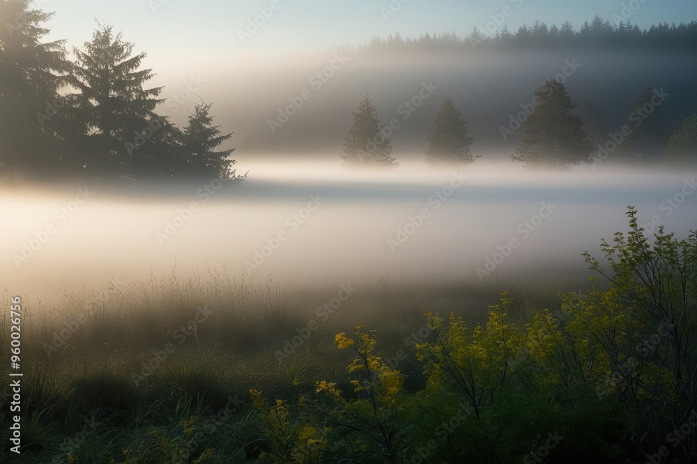 Fototapeta premium Ethereal Fog Envelops Nature with Radiant Light and Serene Ambiance