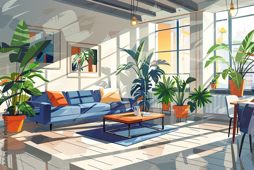 Fototapeta premium Sunlit Living Room with Lush Plants and a Comfortable Couch