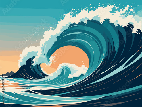 Large Ocean Wave Crashing at Sunset Illustration