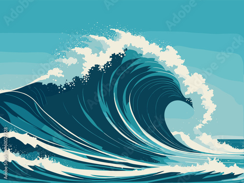 Large Ocean Wave Crashing at Sunset Illustration