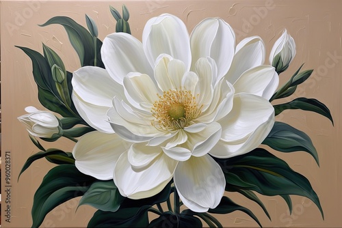 White Flower Oil Painting with Large Petals on Beige Canvas Background photo