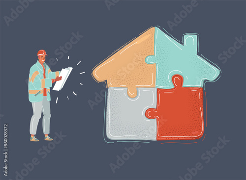 Cartoon vector illustration of builder woman build puzzle house Team isolated on d background