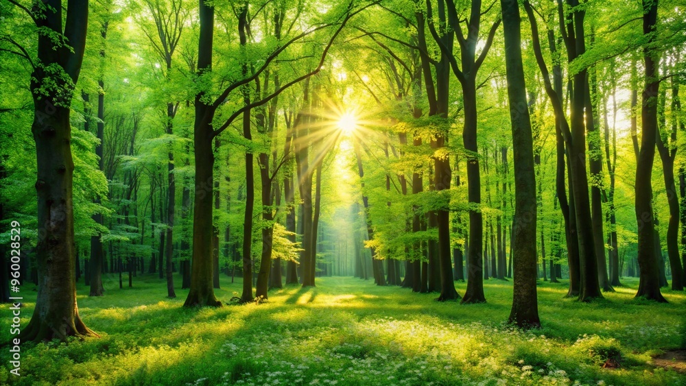 Fototapeta premium Beautiful green summer forest. Spring background, backdrop 