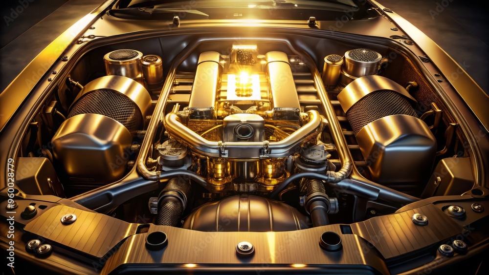 Low-angle view of a sleek sports car's engine bay, showcasing graphite-coated pistons and cylinder liners, with soft, golden lighting and subtle shadows to highlight the high-performance components. Low-angle view of a sleek sports car's engine bay, showcasing graphite-coated pistons and cylinder liners, with soft, golden lighting and subtle shadows to highlight the high-performance components.