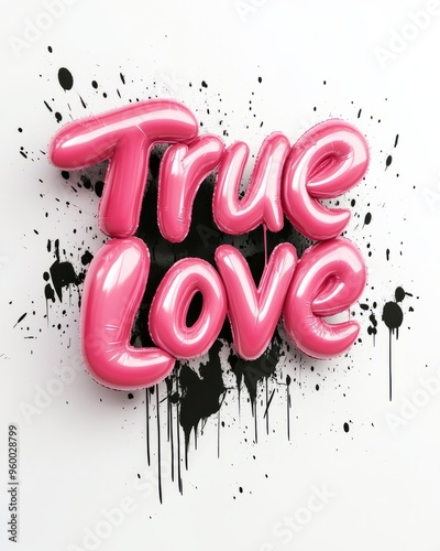 Blob pink glance letters True Love. Clean white background with black graffiti photo