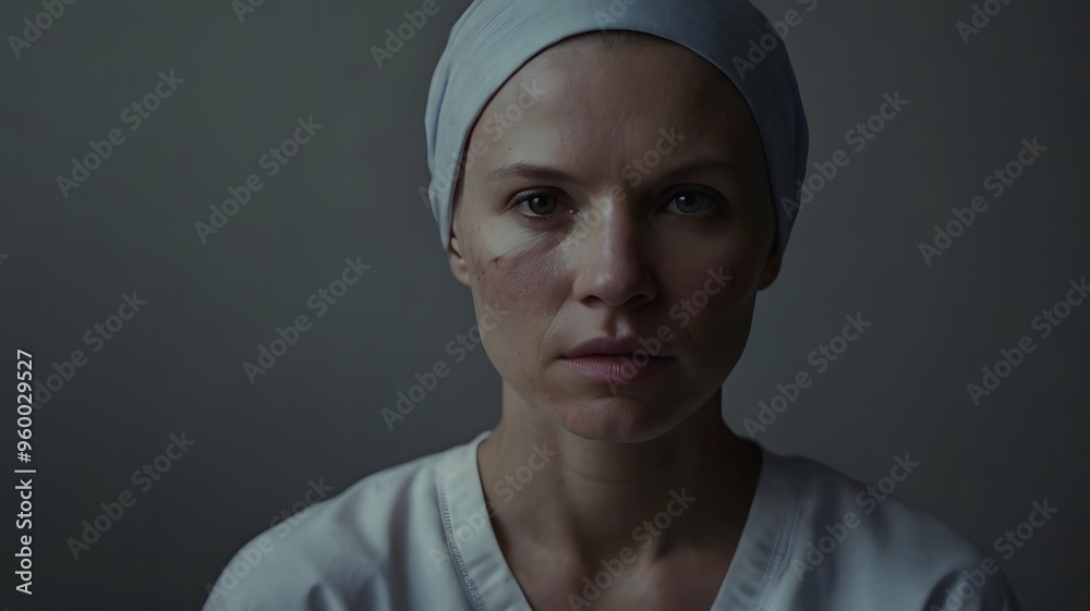 Portrait of a serious woman in medical attire with headscarf Portrait of a serious woman in medical attire with headscarf