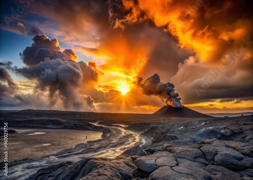 Ashfall on a desolate landscape at dawn, with the sun peeking through the dark clouds, casting a warm orange glow on the gray volcanic ash, emphasizing the contrast between the two. photo