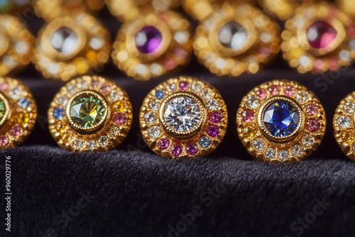 A close-up of a set of gold stud buttons, each featuring a central diamond surrounded by tiny, multicolored gemstones. The buttons are arranged in a neat row on a dark velvet fabric. photo